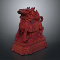 Traditional Chinese Red Qilin Statue With Intricate Carving And Decorative Base