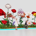 Giant Colorful Flowers In Vibrant Garden With Kids Playing On Green Grass