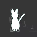 Gray Cartoon Cat With Purple Ears And Big Eyes Sitting On Dark Background