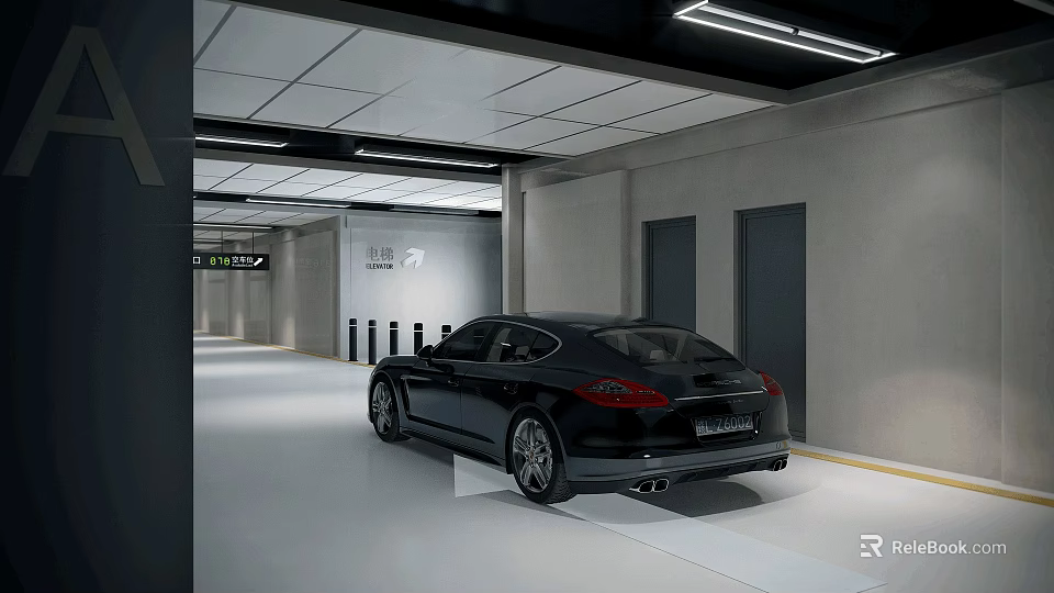 Modern Parking Garage Interior Featuring Black Car White Floor Gray Walls And Ceiling Lights 3d model 