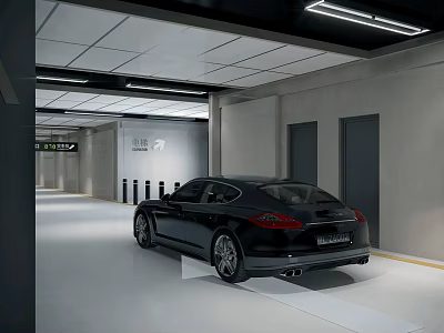 Modern Parking Garage Interior Featuring Black Car White Floor Gray Walls And Ceiling Lights 3d model
