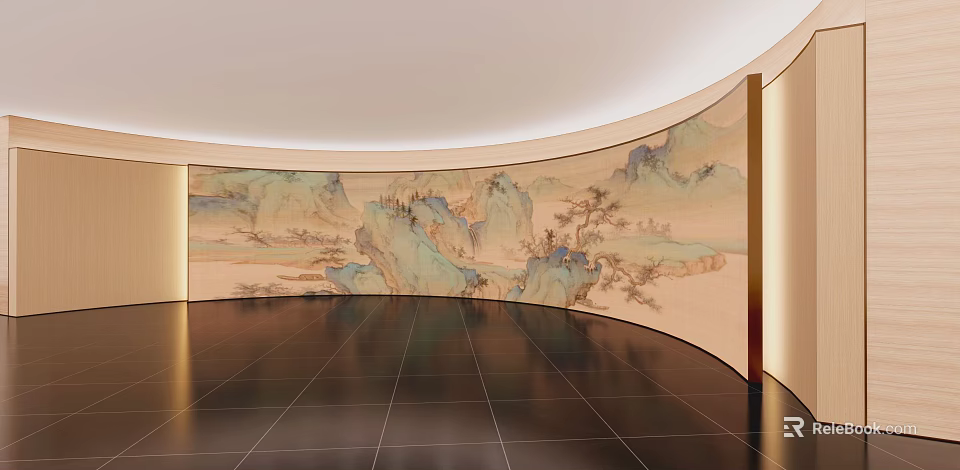 Reception Background Wall With Chinese Landscape Mural In Modern Space 3d model 