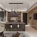 Modern Living and Dining Room Interior Design With Wooden Cabinets Sofa TV And Decorative Painting