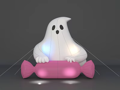 White Ghost Shaped Art Installation Sitting On Pink Candy With Soft Glowing Lights 3d model