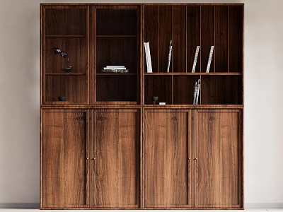 Walnut Wood Modern Minimalist Bookcase with Open Shelves and Cabinet Doors 3d model