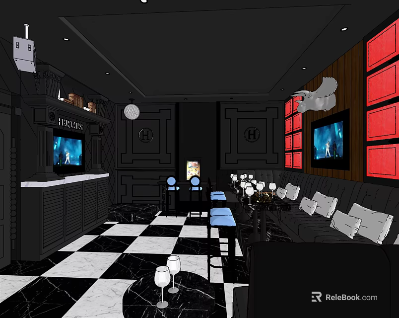 Modern KTV Lounge Interior With Black White Checkered Floor Red Wall Panels TVs And Sofas 3d model 