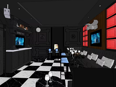 Modern KTV Lounge Interior With Black White Checkered Floor Red Wall Panels TVs And Sofas 3d model