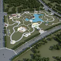 Park Landscape with Central Lake Winding Paths Greenery and Surrounding Roads 3d model