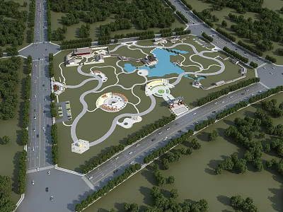 Park Landscape with Central Lake Winding Paths Greenery and Surrounding Roads 3d model