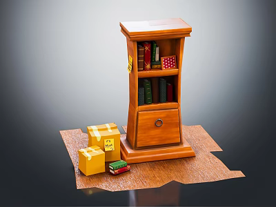 Wooden Brown Bookcase With Shelves Books And Drawer Near Fragile Boxes Toy Car On Carpet 3d model