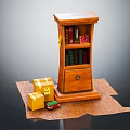 Wooden Brown Bookcase With Shelves Books And Drawer Near Fragile Boxes Toy Car On Carpet