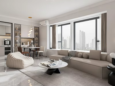 Modern Neutral Open Plan Living And Dining Room With Comfortable Sofas And Panoramic City View 3d model