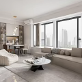 Modern Neutral Open Plan Living And Dining Room With Comfortable Sofas And Panoramic City View