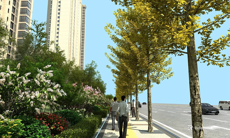 Scenic Municipal Road With Tall Buildings Yellow Leaf Trees Pedestrians And Flowers On Sidewalk 3d model 