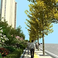 Scenic Municipal Road With Tall Buildings Yellow Leaf Trees Pedestrians And Flowers On Sidewalk