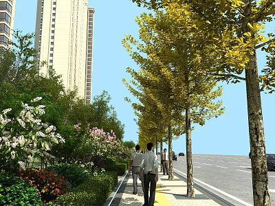 Scenic Municipal Road With Tall Buildings Yellow Leaf Trees Pedestrians And Flowers On Sidewalk 3d model