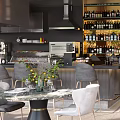 Modern Restaurant Interior With Open Kitchen Wine Rack Hanging Lights Dining Tables And Fireplace