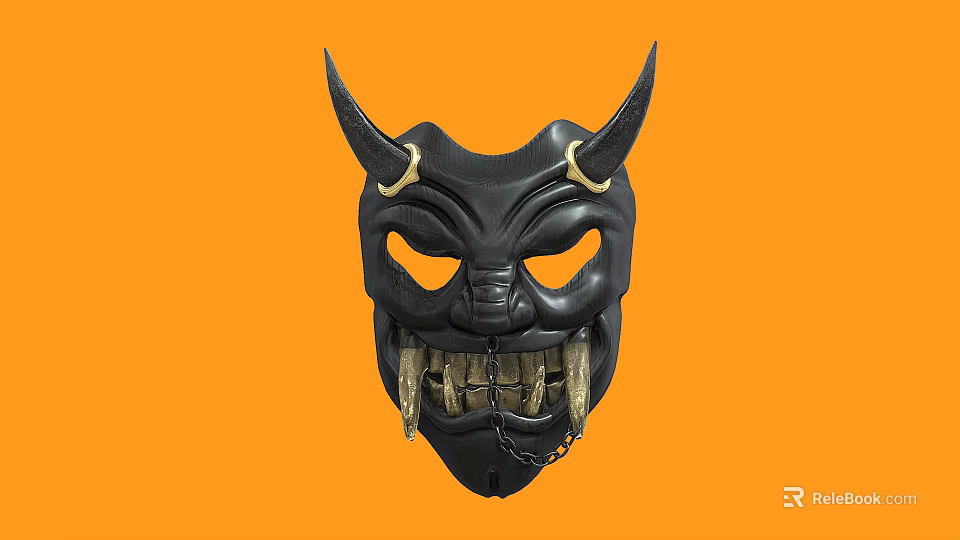 Black Decorative Mask Ornament Set With Horns And Fangs On Orange Background 3d model 