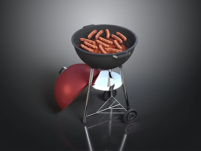Outdoor Grill With Sausages Red Lid On Metal Stand And Wheels 3d model