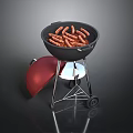 Outdoor Grill With Sausages Red Lid On Metal Stand And Wheels