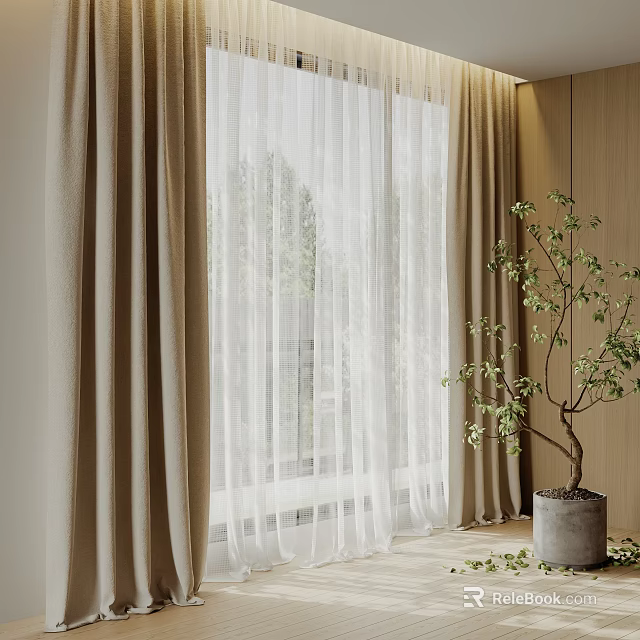 Beige Curtains With White Sheer Panels And Green Potted Plant In Indoor Natural Light 3d model 