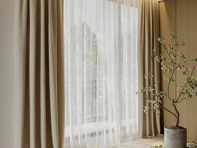 Beige Curtains With White Sheer Panels And Green Potted Plant In Indoor Natural Light 3d model