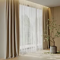 Beige Curtains With White Sheer Panels And Green Potted Plant In Indoor Natural Light