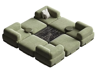Light Green Modular Sectional Sofa with Black Coffee Table Small Round Tables and White Cushion 3d model