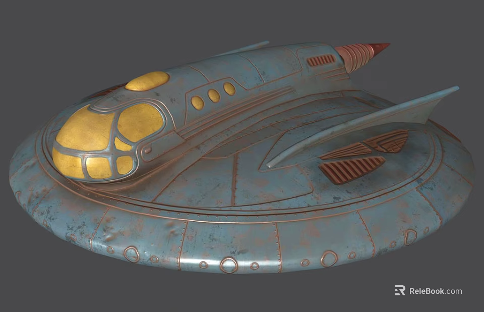 Sci-Fi Spaceship 3D Model With Metallic Design Gold Accents And Streamlined Retro Futuristic Shape 3d model 