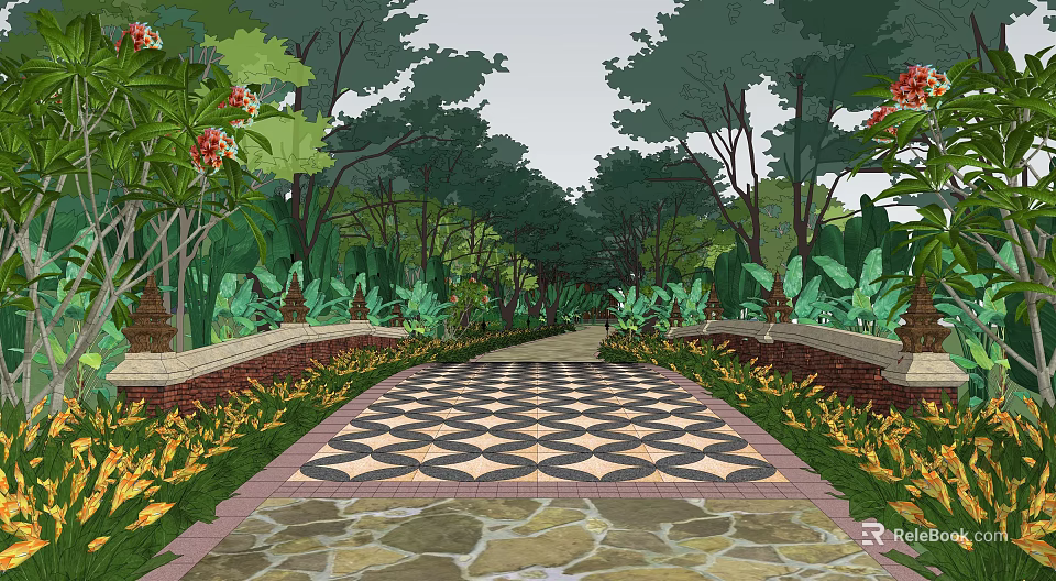 Scenic Landscape Bridge With Checkerboard Pavement Surrounded By Lush Trees And Green Plants 3d model 