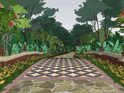 Scenic Landscape Bridge With Checkerboard Pavement Surrounded By Lush Trees And Green Plants 3d model