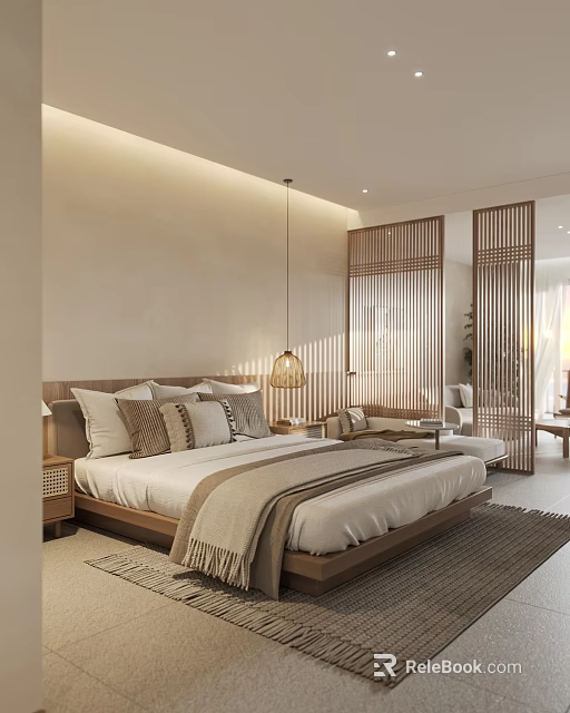 Hotel Guest Room Cozy Interior With Wooden Screens Beige Walls Comfortable Bed And Hanging Lamp 3d model 