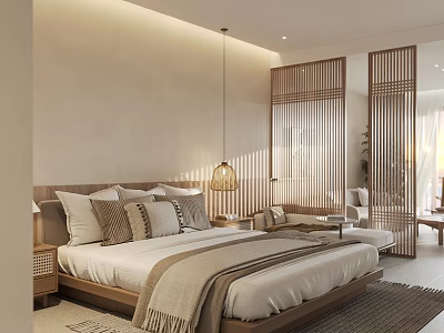 Hotel Guest Room Cozy Interior With Wooden Screens Beige Walls Comfortable Bed And Hanging Lamp 3d model
