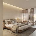 Hotel Guest Room Cozy Interior With Wooden Screens Beige Walls Comfortable Bed And Hanging Lamp