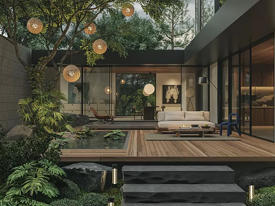 Modern Garden With Wooden Deck Water Feature Sofa Area Green Plants And Hanging Lanterns 3d model