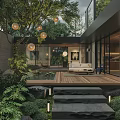 Modern Garden With Wooden Deck Water Feature Sofa Area Green Plants And Hanging Lanterns