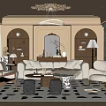 Elegant Living Room Interior With Arch Bookshelves Chandelier Cream Sofa Armchairs Patterned Rug
