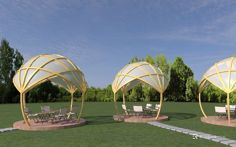 Golden Hemispherical Canopies With Tables And Chairs On Green Lawn Under Blue Sky 3d model 