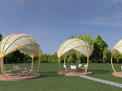 Golden Hemispherical Canopies With Tables And Chairs On Green Lawn Under Blue Sky 3d model