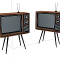 Two Vintage Televisions With Wooden Frames Antennas And Black Tripod Stands