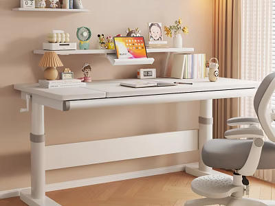 Adjustable Kids Desk with Bookshelf Books Toys Lamp Tablet and Chair in Children Room 3d model