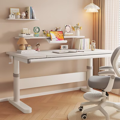 Adjustable Kids Desk with Bookshelf Books Toys Lamp Tablet and Chair in Children Room 3d model