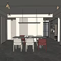 Modern Restaurant Interior With Dining Table White Red Chairs And Hanging Lighting 3d model