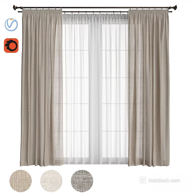 Modern Beige Linen Window Curtains With White Sheer Panels For Home Decor 3d model 