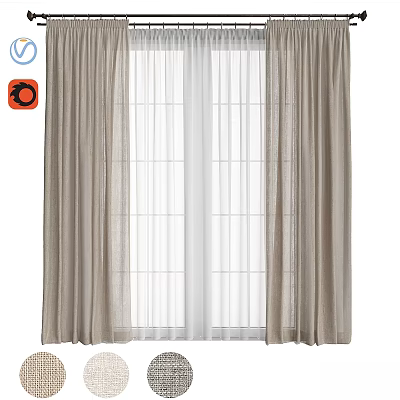 Modern Beige Linen Window Curtains With White Sheer Panels For Home Decor 3d model