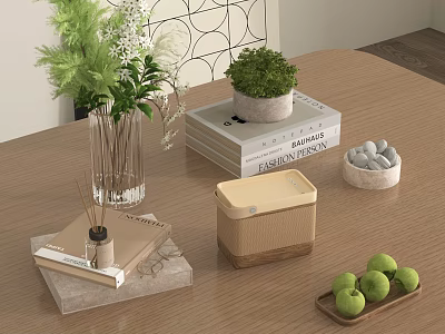 Home Decorative Ornament Set With Green Plants Books Aromatherapy Storage Box Green Fruits Tabletop 3d model