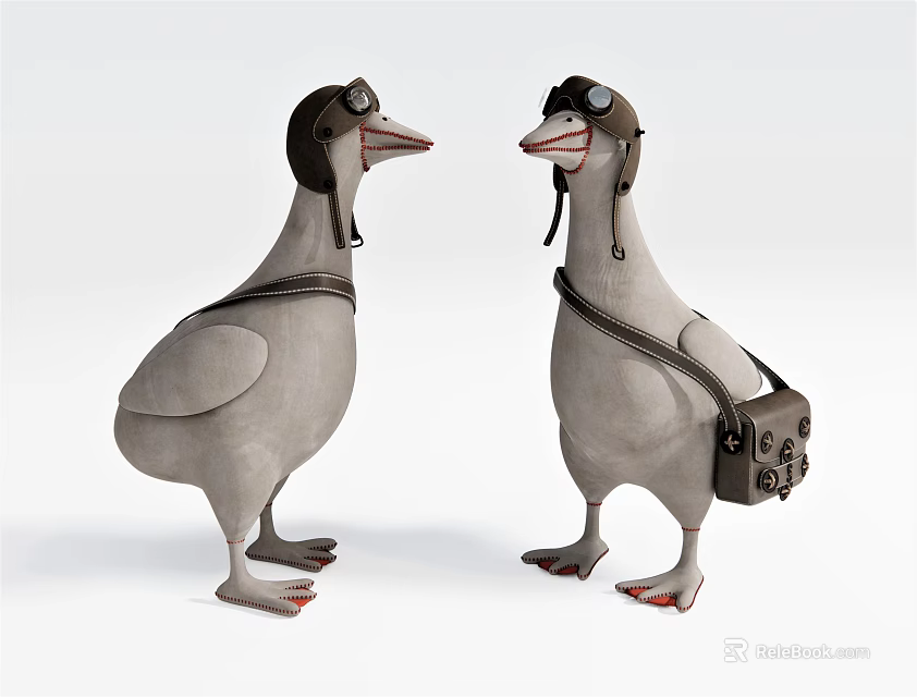Duck Dolls Wearing Pilot Hats And Goggles Standing Facing Each Other With Small Bag 3d model 