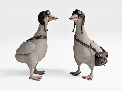 Duck Dolls Wearing Pilot Hats And Goggles Standing Facing Each Other With Small Bag 3d model