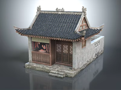 Chinese Traditional Style Supermarket Department Store With Tile Roof Wooden Doors And Stone Walls 3d model