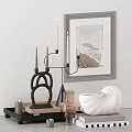 Decorative Ornament Set with Candle Holders Shell Vase Tray and Framed Art for Home